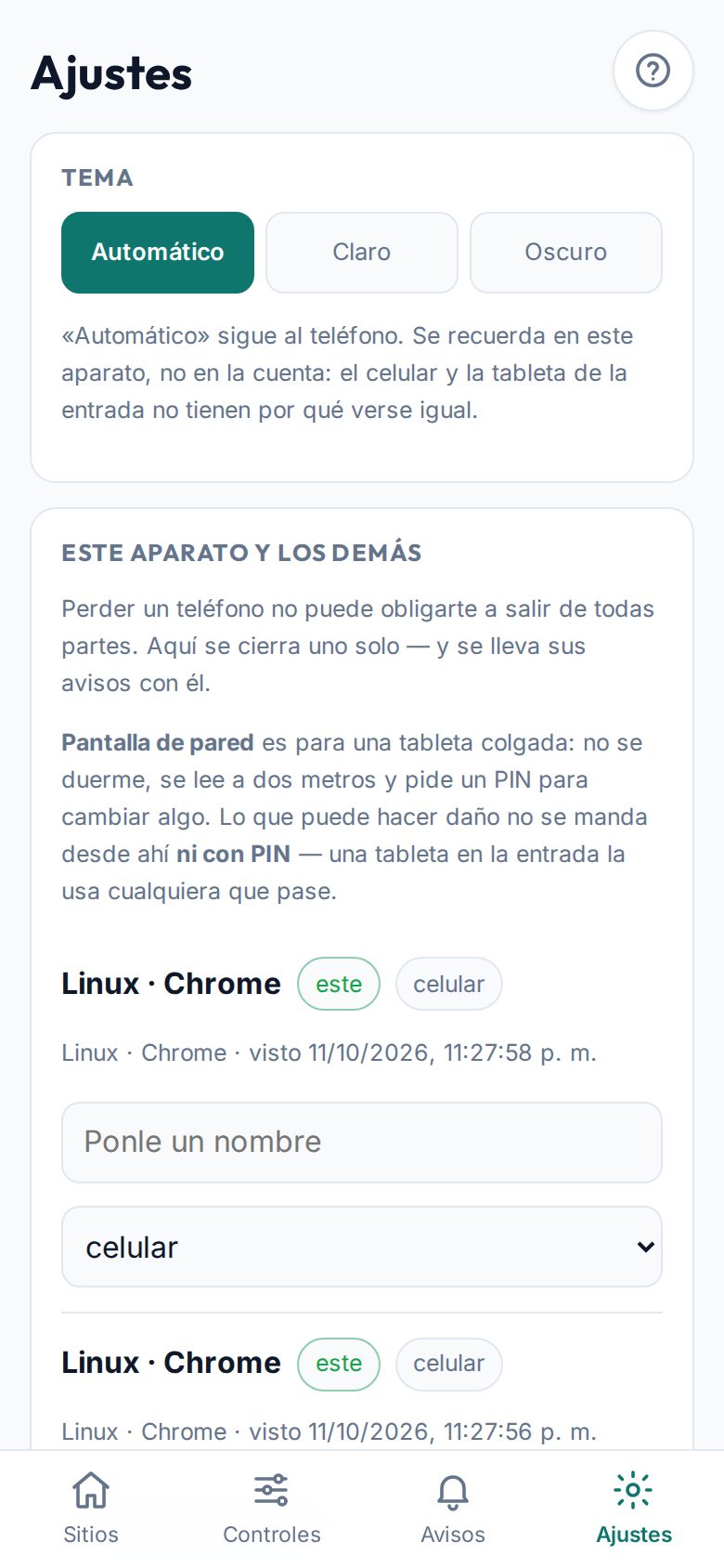 Los Ajustes de la app de Marta: el tema, sus aparatos y sus avisos