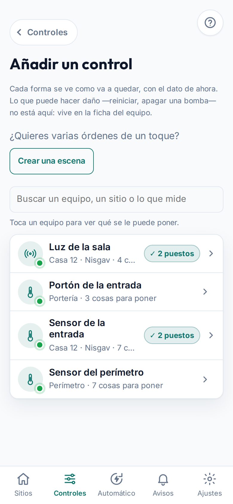 En la app, Controles › Añadir: una fila por equipo