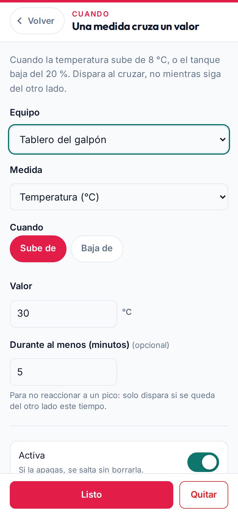 La pantalla de una pieza en el celular: el equipo, la medida, «Sube de» y el valor
