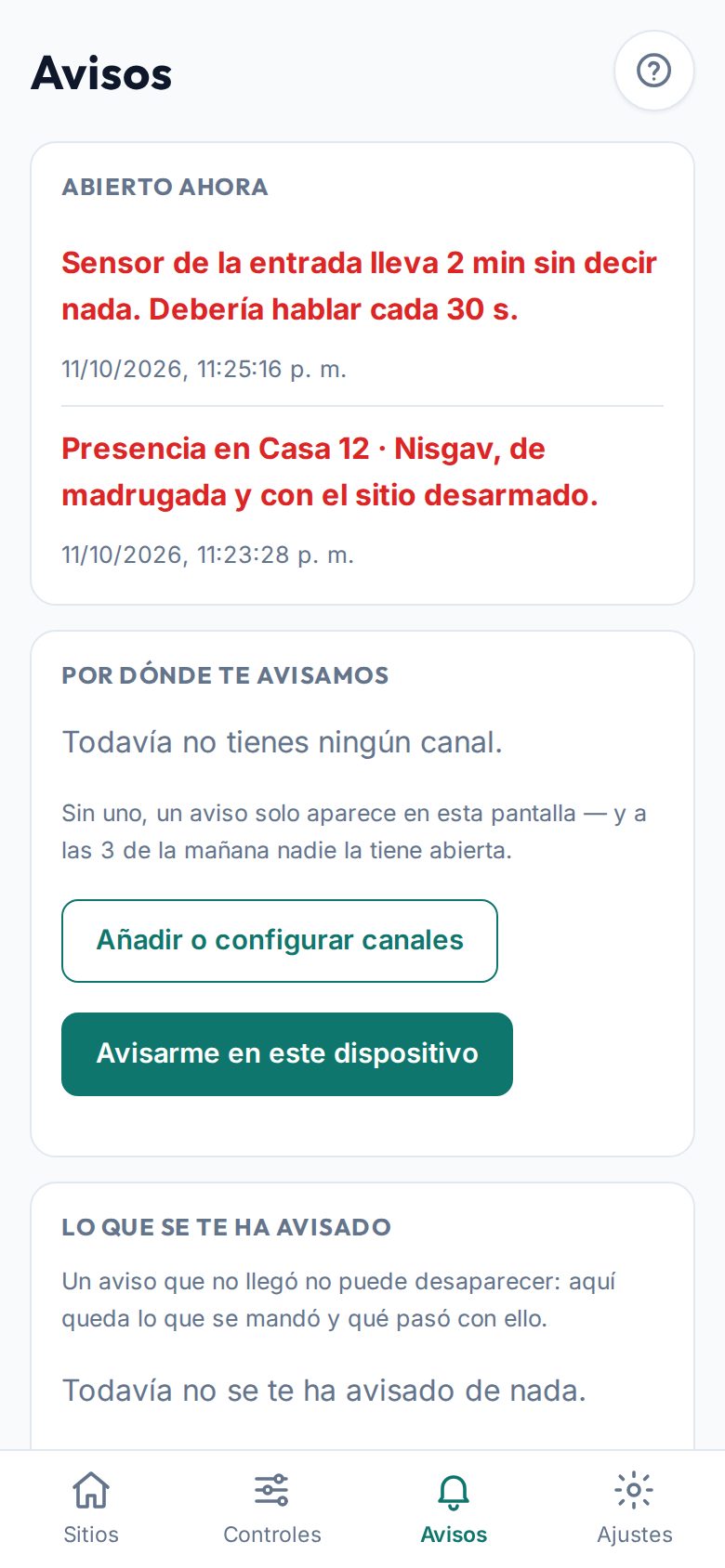 En la app, la pestaña Avisos de Marta: arriba, lo que está abierto ahora; debajo, por dónde se le avisa y lo que se le ha avisado