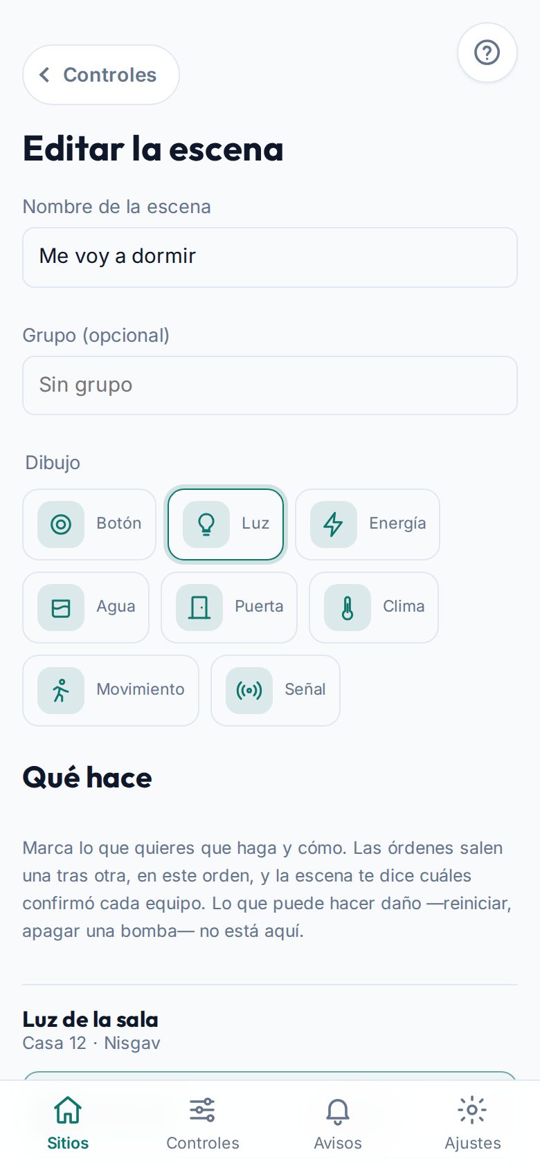 La escena «Me voy a dormir» de Marta abierta para editar: su nombre, su dibujo y las órdenes marcadas