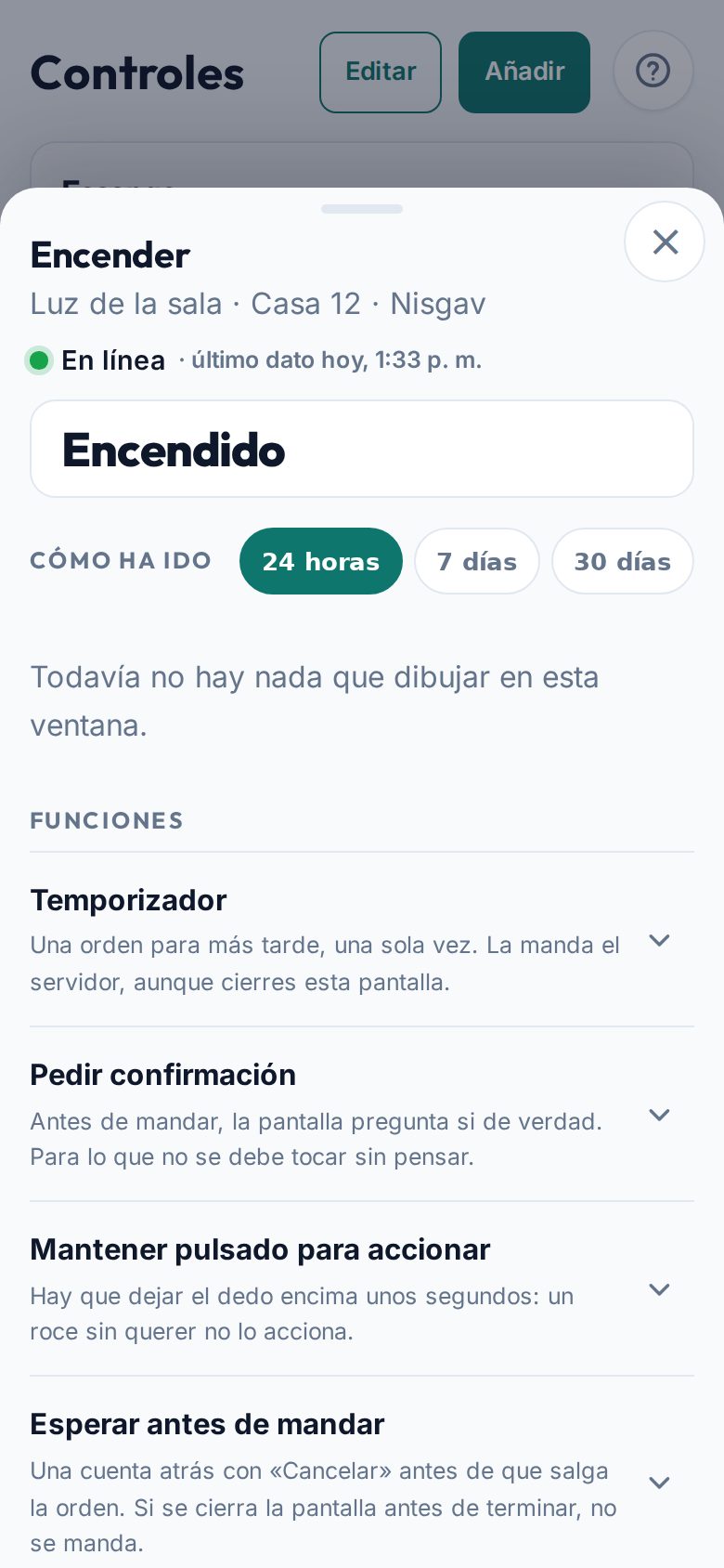 La hoja de un control en la app, en oscuro