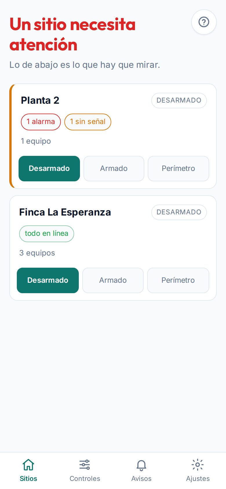 La app de Julián Pérez: arriba, «Un sitio necesita atención»; primero la Planta 2, con la cava sin señal, y después la Finca La Esperanza