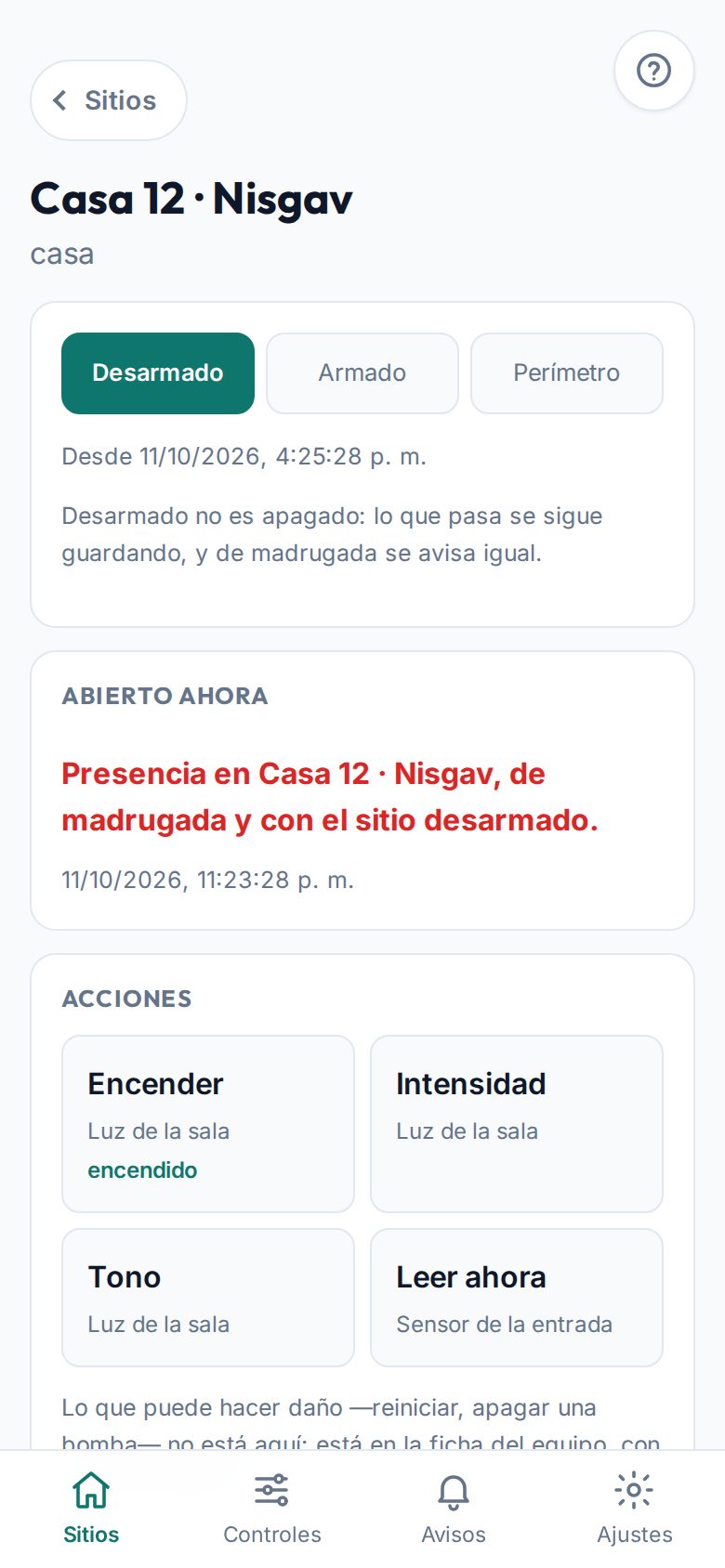 Dentro de la Casa 12 en la app: los tres modos arriba, con el de ahora encendido
