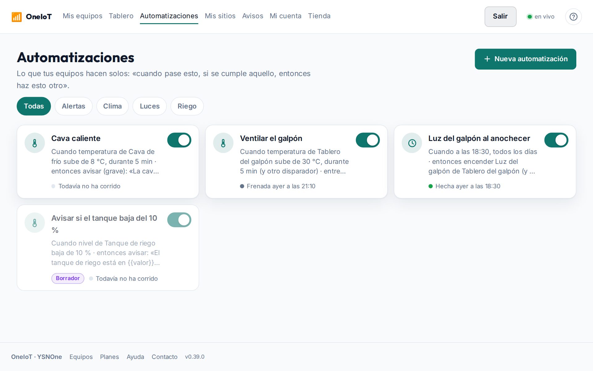 Las automatizaciones de Agrofrutas: cada una con su frase, su interruptor y cómo le fue la última vez