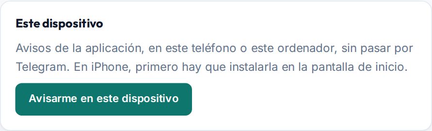 La tarjeta «Este dispositivo» en Avisos del panel, con su botón
