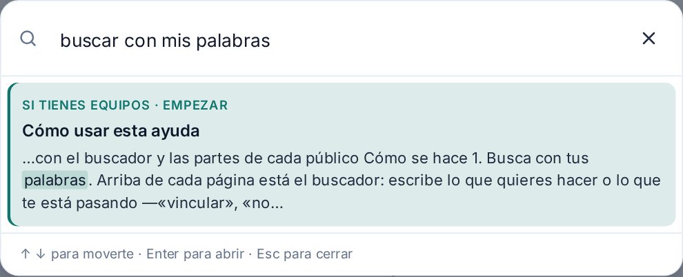 El buscador abierto con Ctrl K: cada resultado dice de qué sección es y resalta la frase