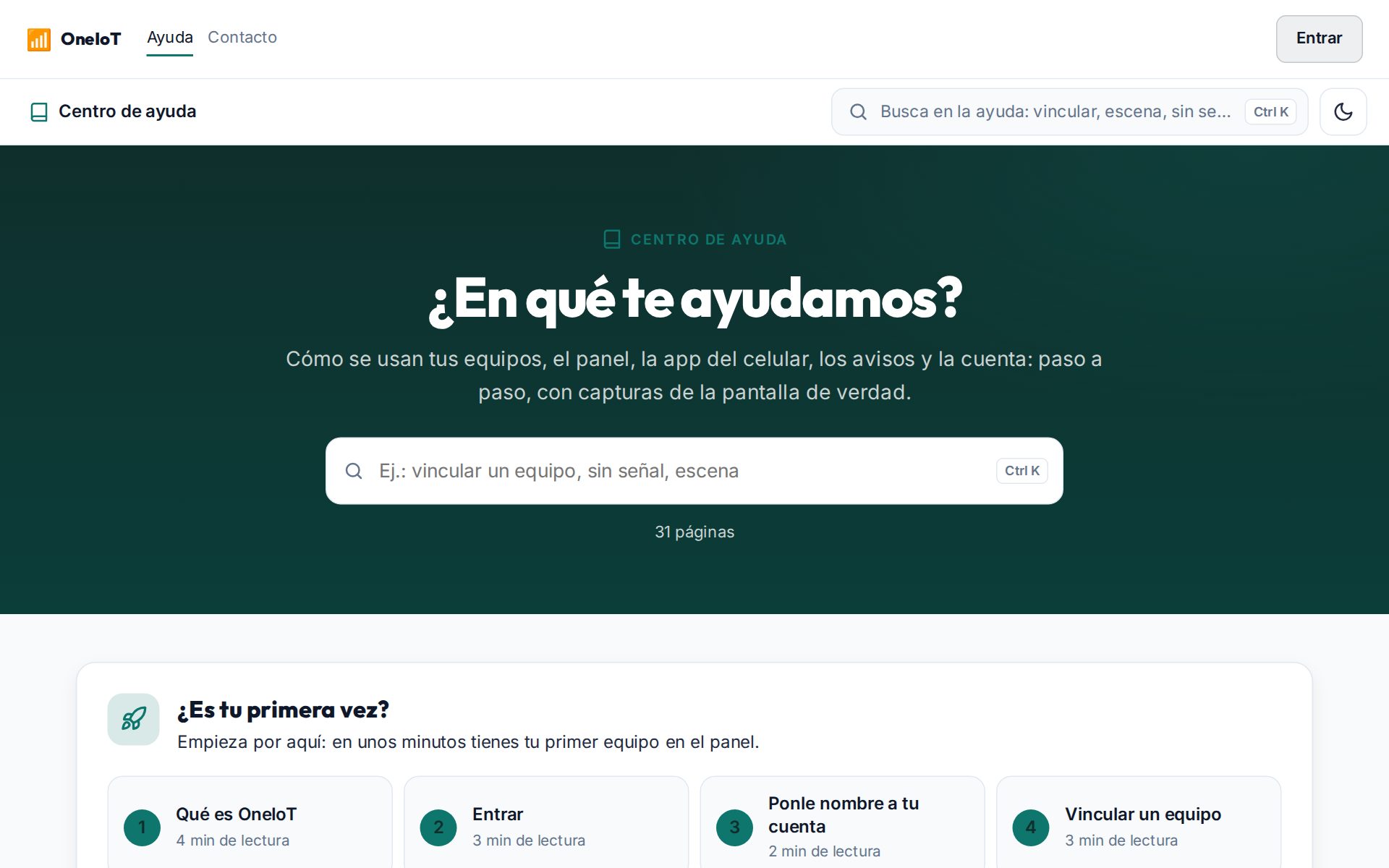 La portada del centro de ayuda, con el buscador y las partes de cada público