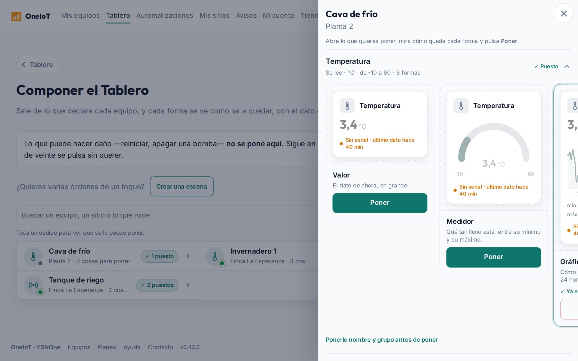Componer el Tablero: la hoja de un equipo abierta a la derecha, con su temperatura desplegada y sus formas, cada una como va a quedar, y su botón Poner