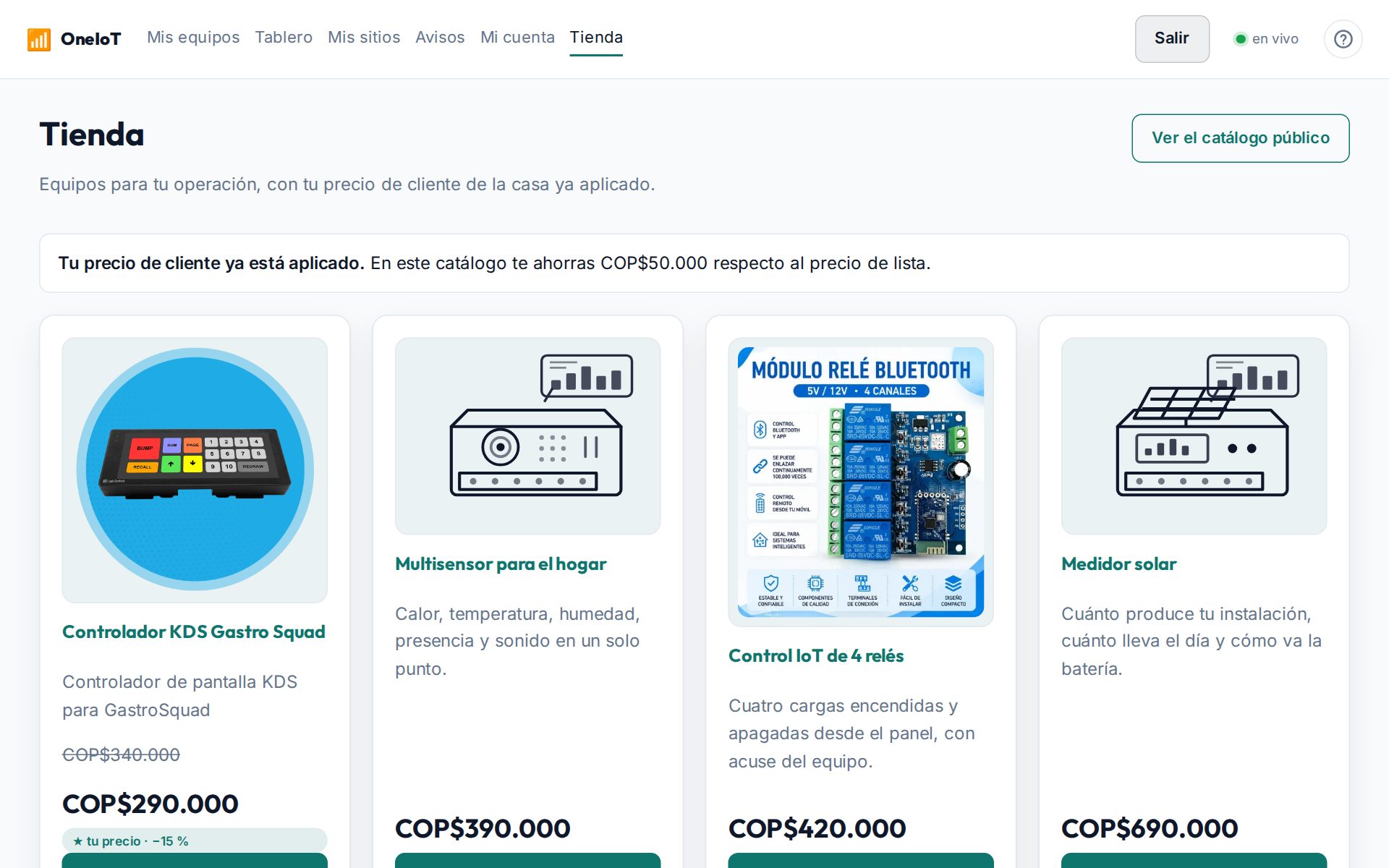 La tienda del panel: cada equipo con su precio, y el precio de cliente donde lo hay