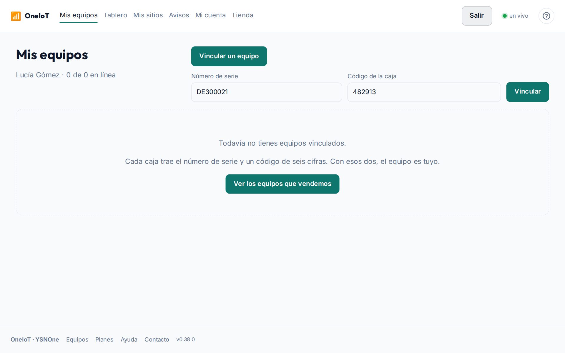 El formulario de vincular abierto, con la serie y el código de la caja escritos